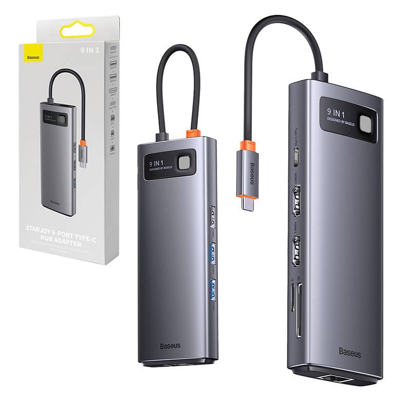 Hub 9in1 Baseus Metal Gleam Series, USB-C la 2x USB 3.0 + 2x HDMI + USB 2.0 + USB-C PD + Ethernet RJ45 + microSD SD