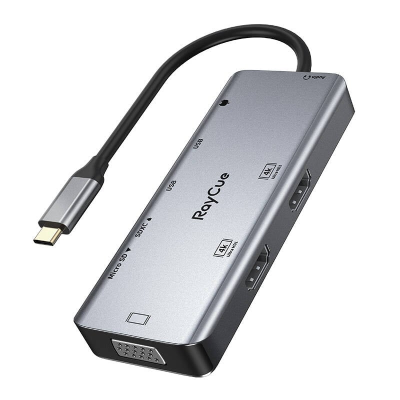 Hub 9in1 RayCue USB-C la 2x USB-A 3.0 5Gbps + 2x SD TF 3.0 + 2x HDMI 4K30Hz + VGA 1080p + jack 3.5mm + PD 3.0 100W (gri)