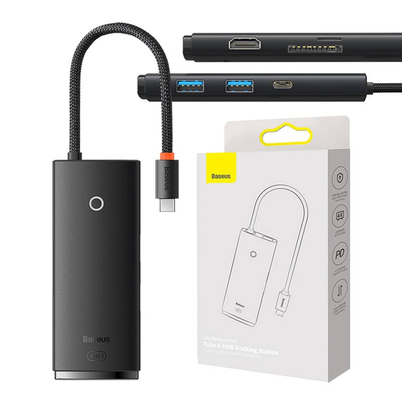 Hub Baseus OS Lite 6 porturi (Tip-C la HDMI+USB3.0 2+PD+SD TF) (negru)