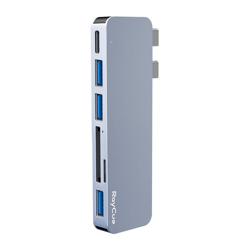 Hub Multifunctional RayCue 6w2: 2x USB-C pentru Thunderbolt 3, 3x USB-A 3.0 (5Gbps) si sloturi SD TF (Gri)