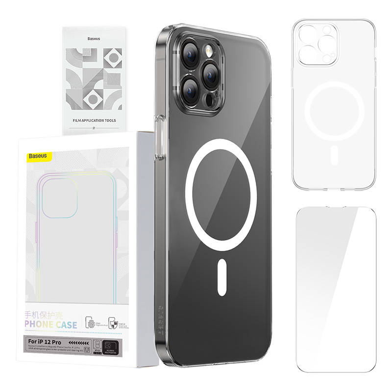 Husa pentru telefon Baseus Magnetic Crystal Clear pentru iPhone 12 Pro (transparenta)+ sticla securizata+kit de curatare