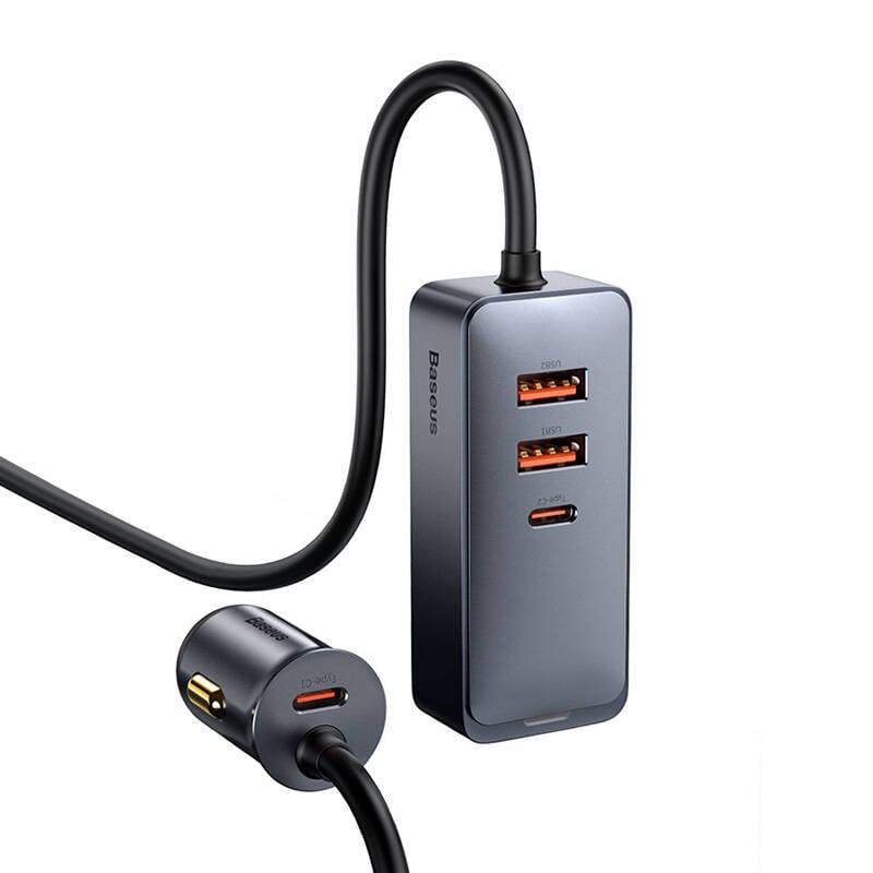 Incarcator auto Baseus Share Together cu cablu prelungitor, 2x USB, 2x USB-C, 120W (gri)