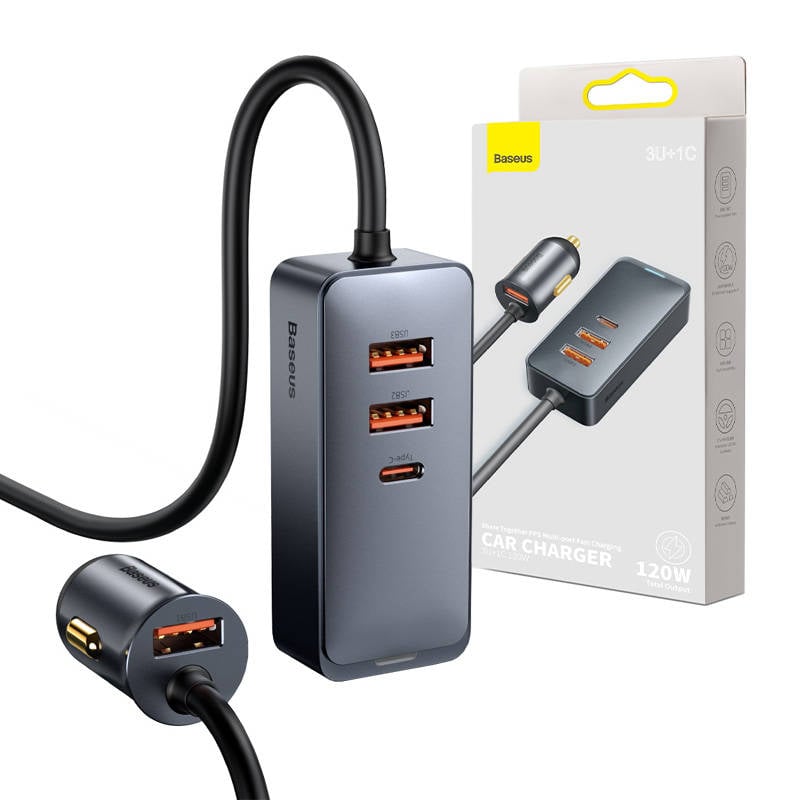 Incarcator auto Baseus Share Together cu cablu prelungitor, 3x USB, USB-C, 120W (gri)