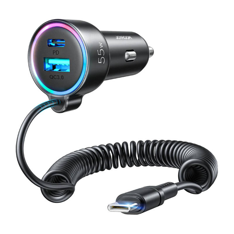 Incarcator auto joyroom jr-cl07, 3 in 1, 1x usb + 1x pd, 55w + cablu type-c (negru)