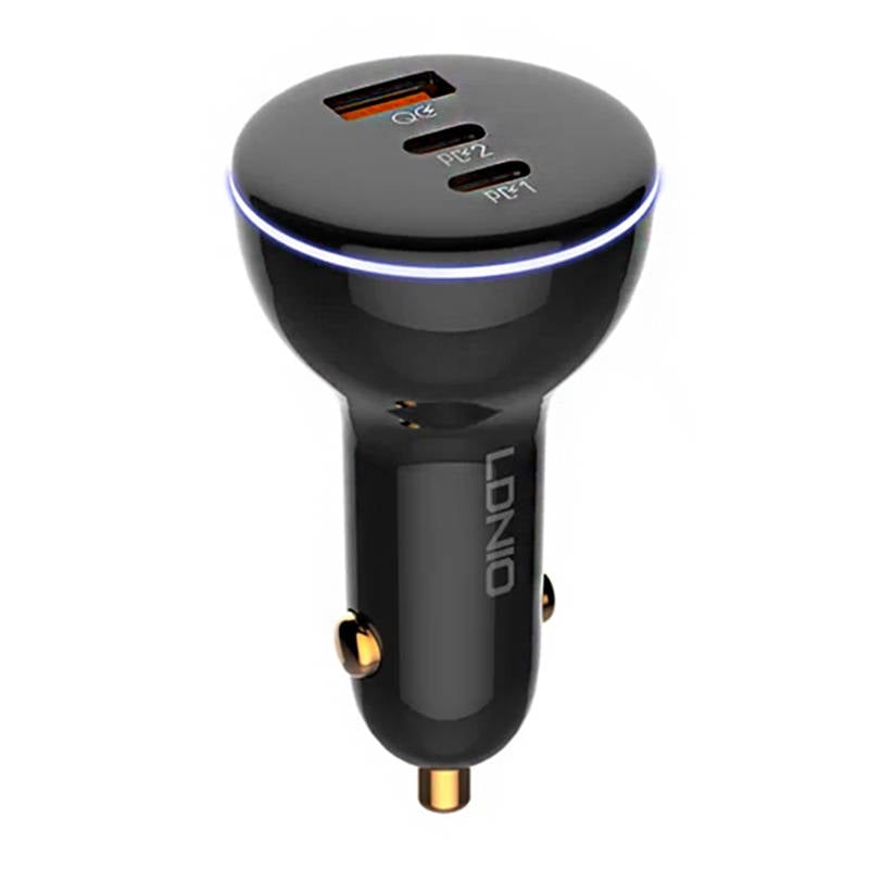 Incarcator auto LDNIO C102, USB + 2x USB-C, 160W + cablu USB-C catre Lightning (negru)