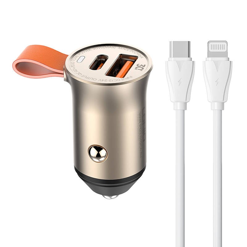 Incarcator auto LDNIO C509Q, USB + USB-C, 30W + cablu USB-C la Lightning (auriu)