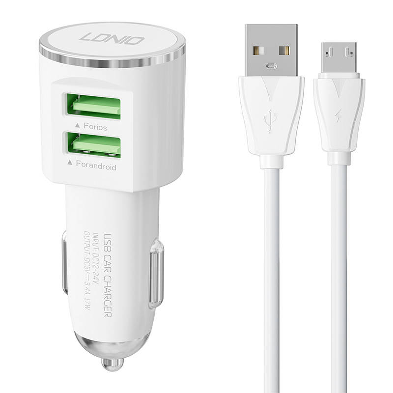 Incarcator auto LDNIO DL-C29, 2x USB, 3.4A + cablu Micro USB (alb)