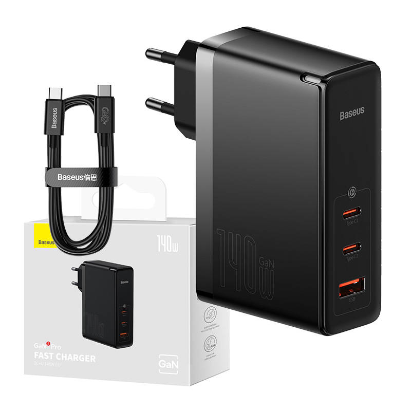 Incarcator Baseus GaN5 Pro 2xUSB-C + USB, 140W (negru)