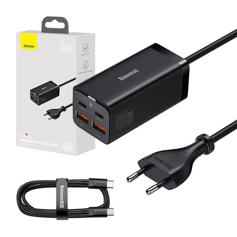 Incarcator de perete Baseus GAN3 Pro 2xUSB-C + 2xUSB, 100W (Negru)