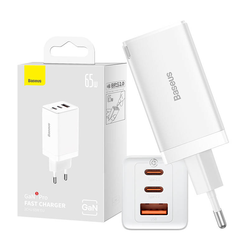 Incarcator de perete Baseus GaN5 Pro 2xUSB-C + USB, 65W (alb)