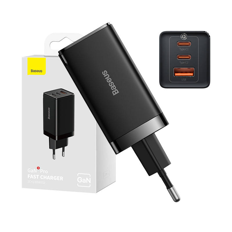 Incarcator de perete Baseus GaN5 Pro 2xUSB-C + USB, 65W (negru)