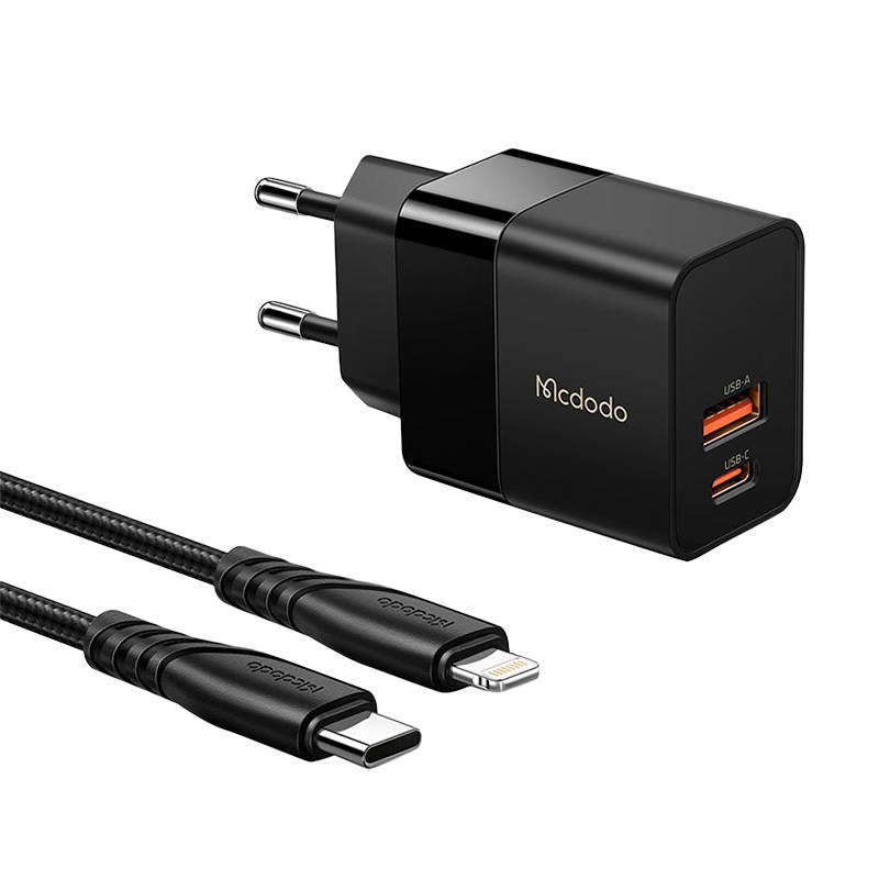 Incarcator de perete Mcdodo CH-1952 USB + USB-C, 20W + cablu USB-C catre Lightning (negru)