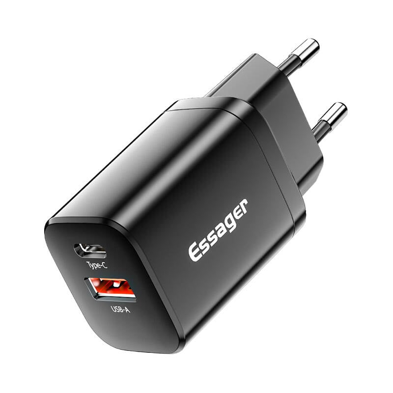 Incarcator de perete USB-C+USB-A 30W Essager PD+QC (negru)