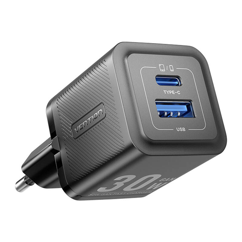 Incarcator de perete, Vention, FEQB0-EU, USB-C, USB- A, 30W 30W, GaN (negru)