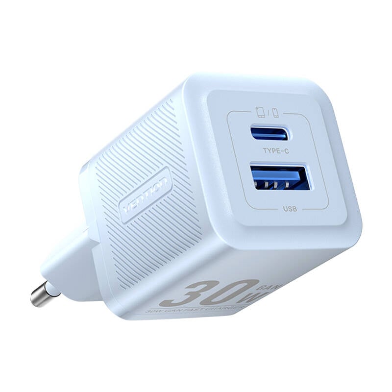 Incarcator de perete, Vention, FEQL0-EU, USB-C + USB- A, 30W 30W, GaN (albastru)