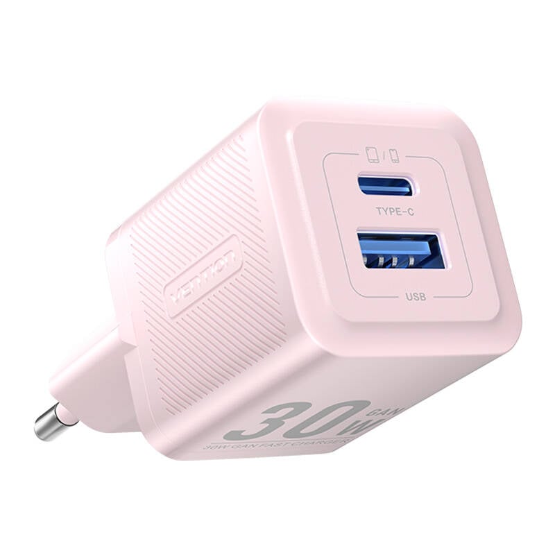 Incarcator de perete, Vention, FEQP0-EU, USB-C + USB- A, 30W 30W, GaN (roz)