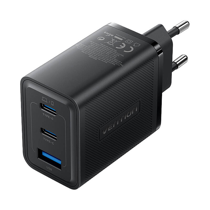 Incarcator de perete, Vention, FERB0-EU, 2xUSB-C, USB- A, 65W 65W 30W, GaN (negru)