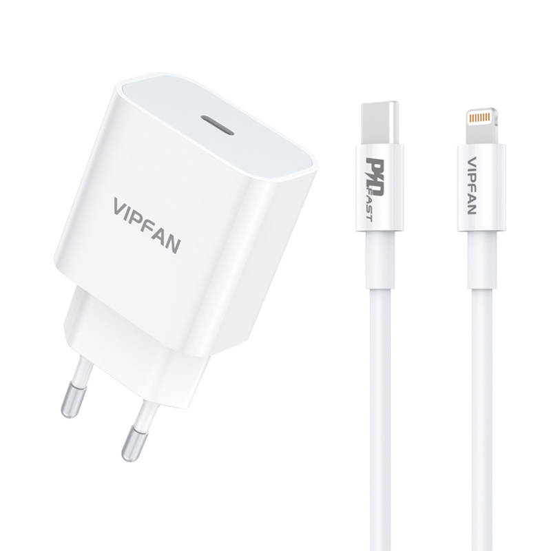 Incarcator de perete VFAN E04, USB-C, 20W, QC 3.0 + cablu Lightning (alb)