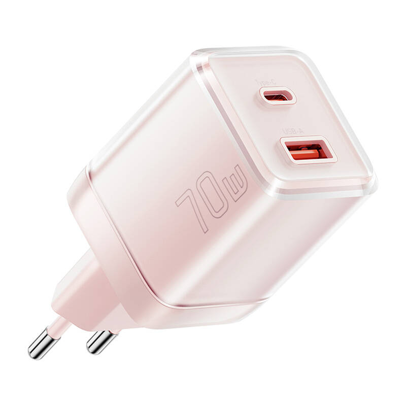 Incarcator de perete Yueqi 70W GaN USB-C + USB-A (roz)