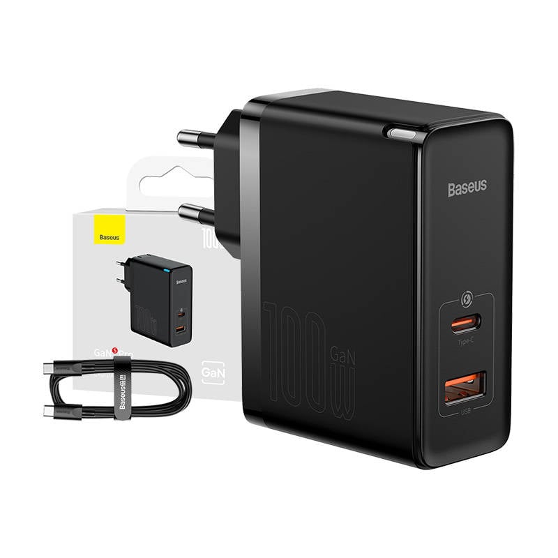 Incarcator de retea Baseus GaN USB-C + USB, 100 W + cablu de 1 m (negru)