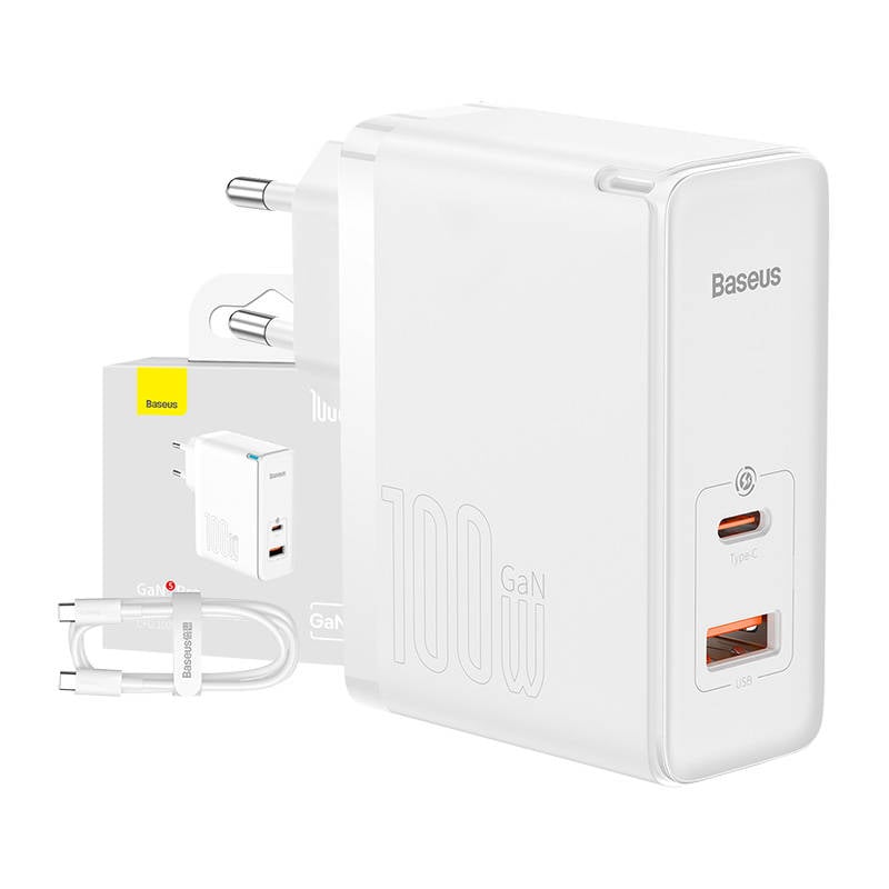 Incarcator de retea Baseus GaN5 Pro USB-C + USB, 100 W + cablu de 1m (alb)