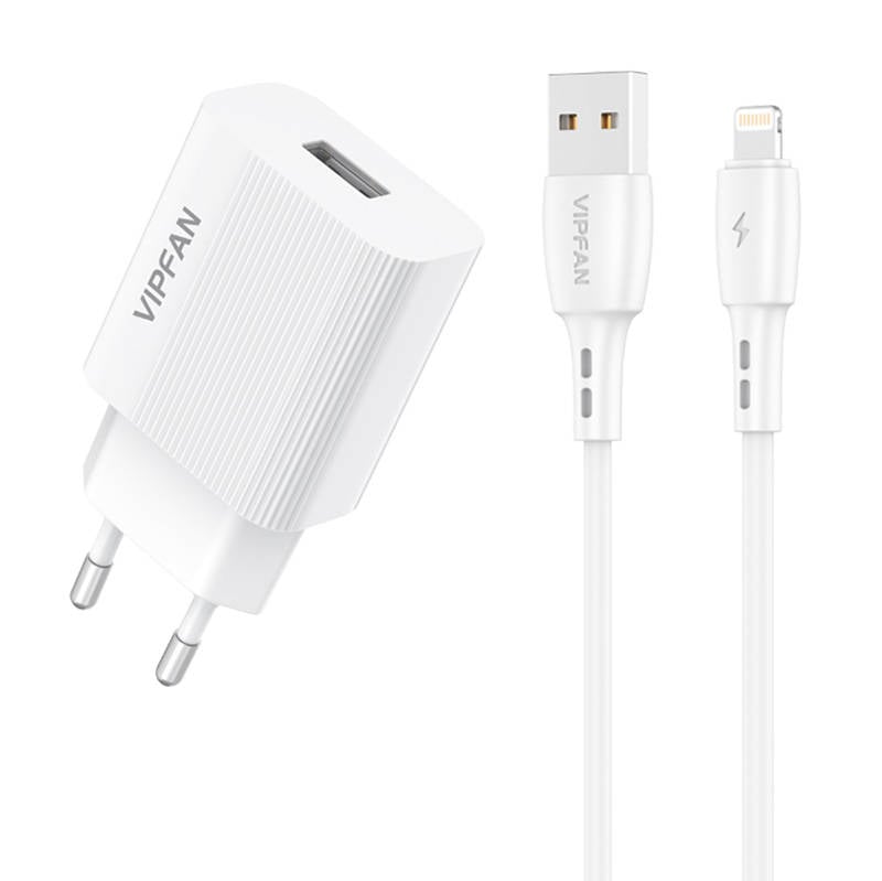 Incarcator de retea VFAN E01, 1x USB, 2.4A + cablu Lightning (alb)