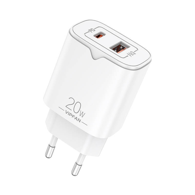 Incarcator de retea VFAN E08, USB + USB-C, 20W PD + QC 3.0 (alb)