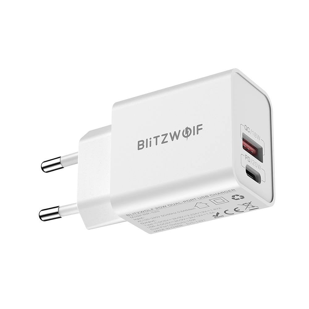 Incarcator rapid Blitzwolf BW-S20, USB si USB-C, 20W, alb - solutia ideala pentru alimentarea dispozitivelor tale.