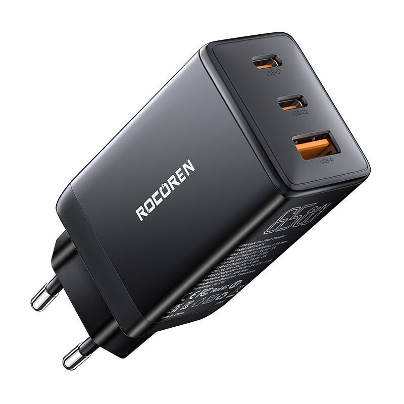 Incarcator rapid Rocoren GaN Pro 65W, 2x USB-C, USB (negru)