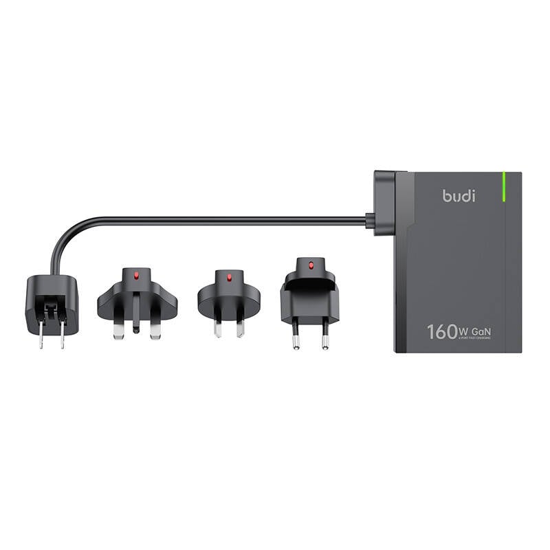 Incarcator universal de perete Budi 350, GaN PD+ QC3.0, 5xUSB-C+1xUSB-A, 160W US UK EU (negru)