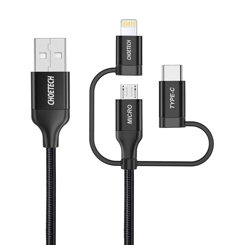 Cablu de Incarcare Choetech IP0030 MFi 3 in 1, USB-A Lightning Micro USB USB-C, 5V, 1,2m, Negru