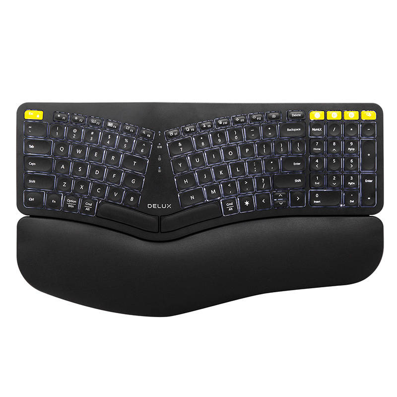 Tastatura Ergonomica Fara Fir Delux GM902PRO cu Iluminare Albastra - Bluetooth si USB, DPI 2400, Switch-uri Rosii, Design Modern si Confortabil, Culori Argintii si Negre.