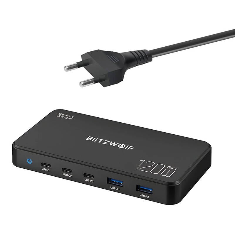 Incarcator rapid Blitzwolf BW-i100 5 in 1, putere maxima 120W, multiple porturi USB-A si USB-C, ideal pentru toate dispozitivele tale.