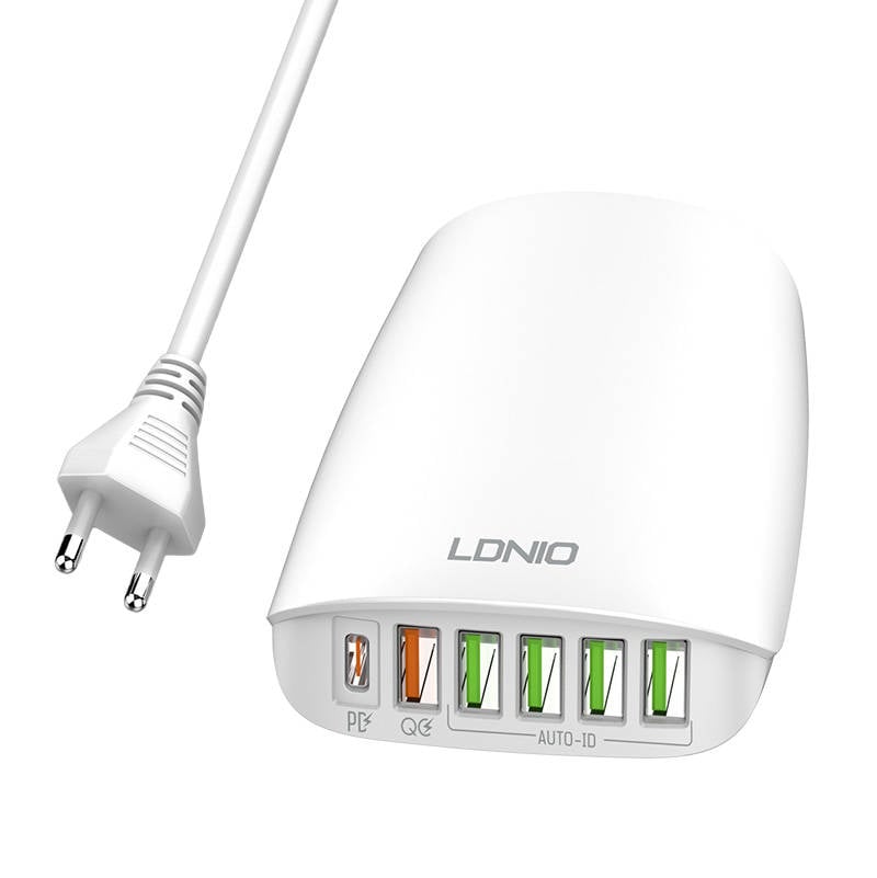 Incarcator rapid LDNIO A6573C EU, 5 porturi USB si USB-C, 65W, cu cablu de alimentare inclus, perfect pentru acasa sau birou.