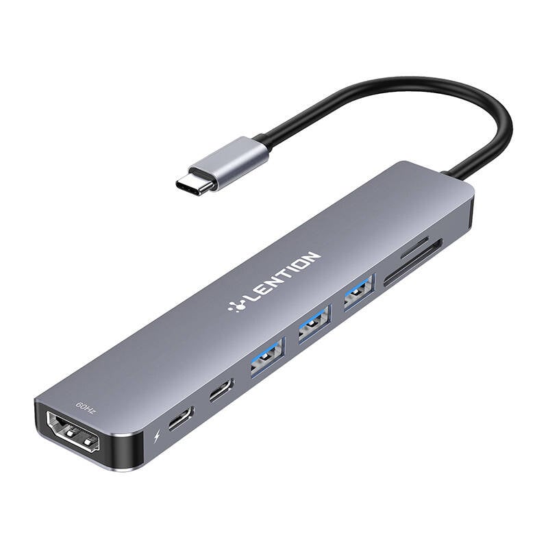 Lention 8in1 Hub USB-C la 3x USB 3.0 + SD TF + PD + USB-C + HDMI 4K60Hz (gri)