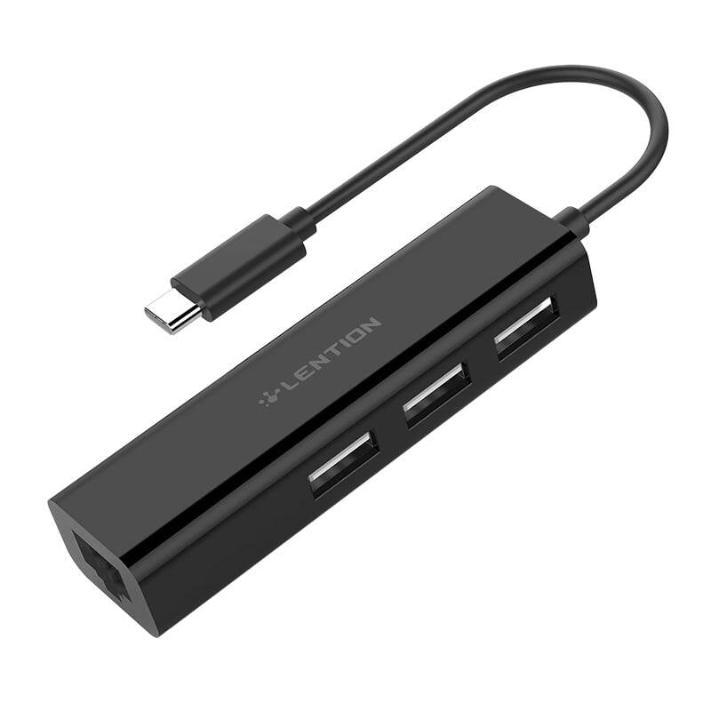 Lention Hub USB-C la 3x USB 2.0 + adaptor Ethernet (negru)