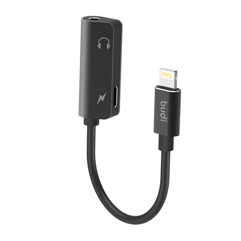 Lightning la adaptor AUX mini jack 3.5mm + Lightning Budi (negru)