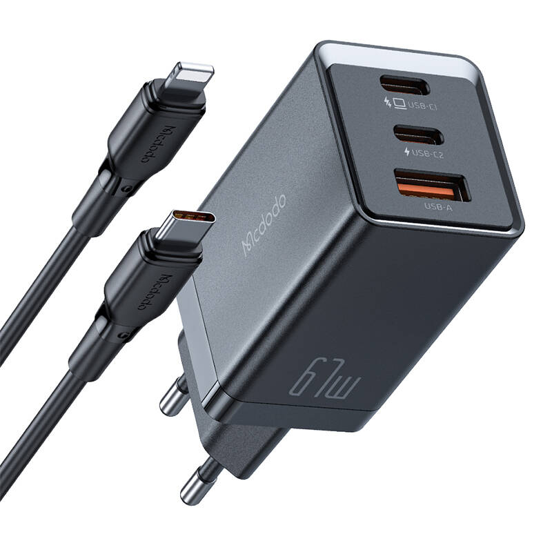 Mcdodo CH-1544 Incarcator de perete GaN, 2x USB-C, 1x USB, 67W + cablu USB-C la USB-C (negru)