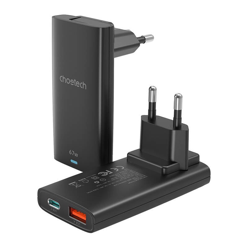 Mini incarcator de perete de calatorie Choetech PD6011 PD65W GaN slim USB-A+C (negru)