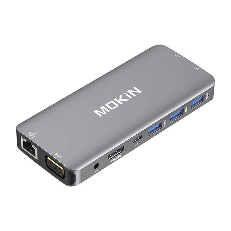 MOKiN 10 in 1 Adaptor Hub USB-C la 3x USB 3.0 + incarcare USB-C + HDMI + 3.5mm audio + VGA + 2x RJ45 + Micro SD Reader (argintiu)