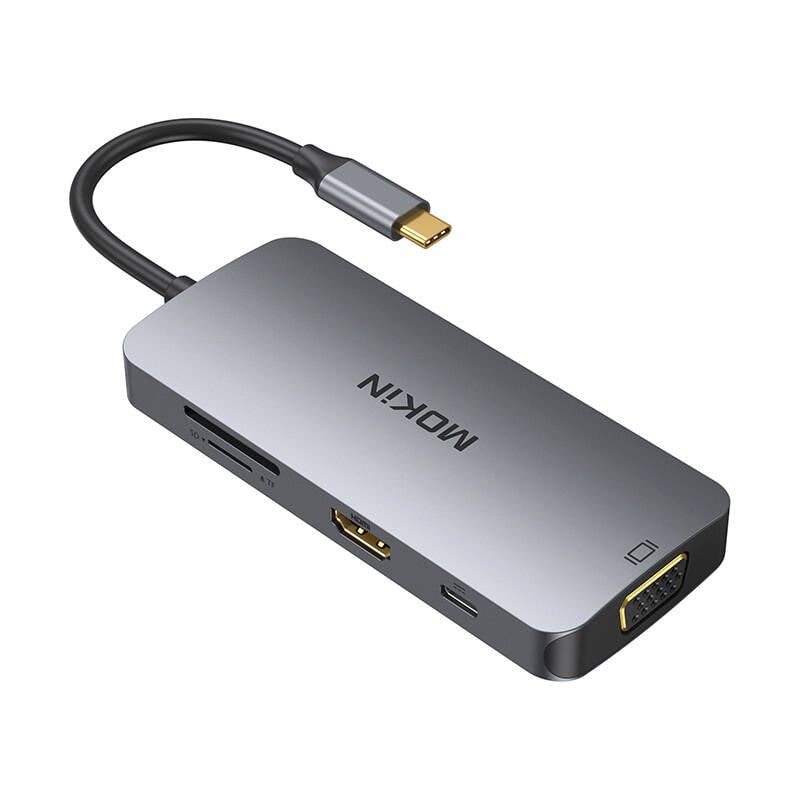 MOKiN 8in1 Adaptor USB-C la 3x USB 3.0 + HDMI + USB-C + VGA + cititor de carduri SD + cititor de carduri Micro SD (argintiu)