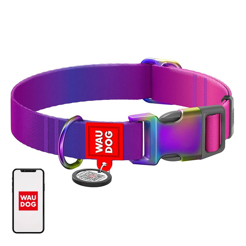 Nylon dog collar with QR code WAUDOG 15 mm wide, 25-35 cm long purple