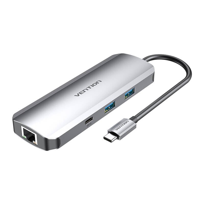 Statie de andocare USB-C la HDMI, USB-C, RJ45, SD, TF, TRRS 3,5 mm, PD 0,15 m Vention (gri)