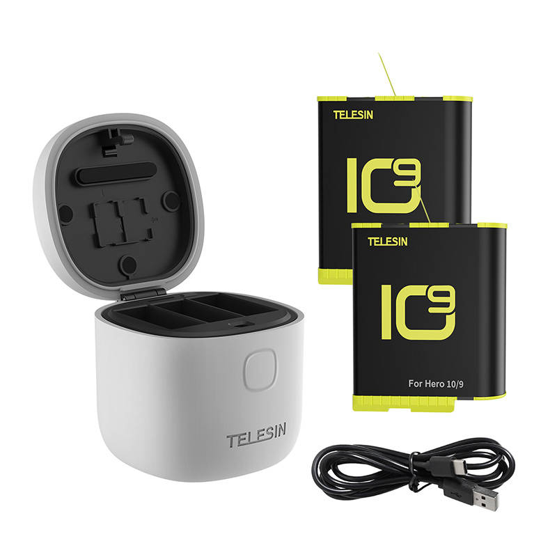 Incarcator impermeabil tricanal Allin Box Telesin cu 2 acumulatori pentru GoPro Hero 10 Hero 9 - GP-BTR-905-GY-B