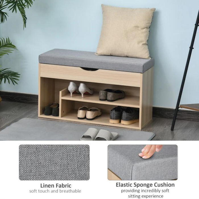 Banca depozitare incaltaminte, pantofar pentru hol, pal, 2 rafturi, 5 compartimente interioare, stejar si gri, 82x30x48 cm [8]