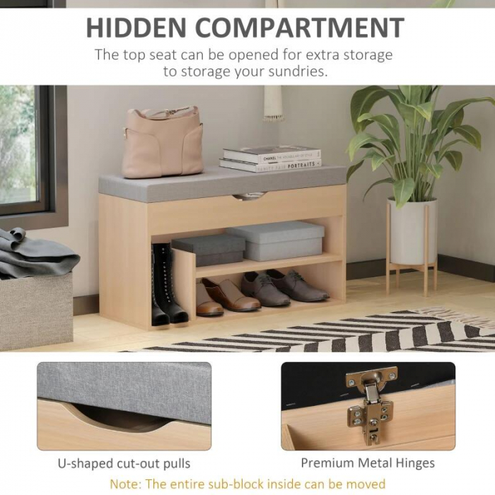 Banca depozitare incaltaminte, pantofar pentru hol, pal, 2 rafturi, 5 compartimente interioare, stejar si gri, 82x30x48 cm [7]