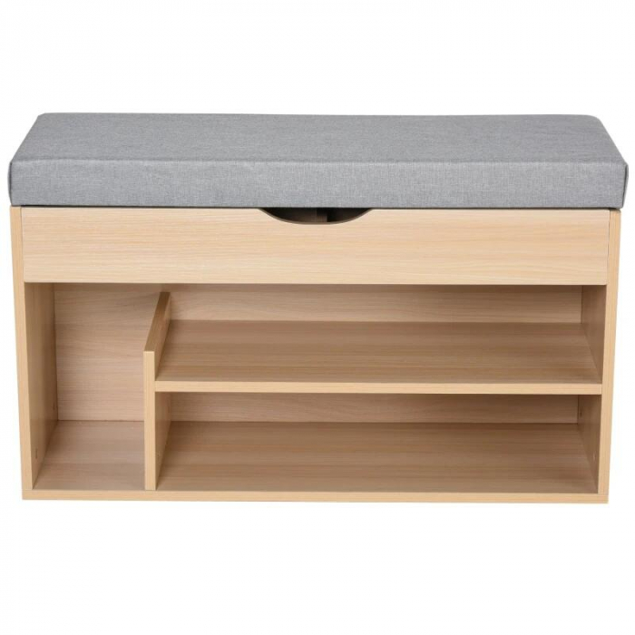 Banca depozitare incaltaminte, pantofar pentru hol, pal, 2 rafturi, 5 compartimente interioare, stejar si gri, 82x30x48 cm [9]