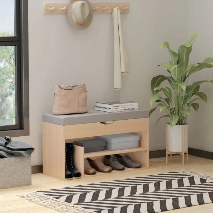 Banca depozitare incaltaminte, pantofar pentru hol, pal, 2 rafturi, 5 compartimente interioare, stejar si gri, 82x30x48 cm [11]