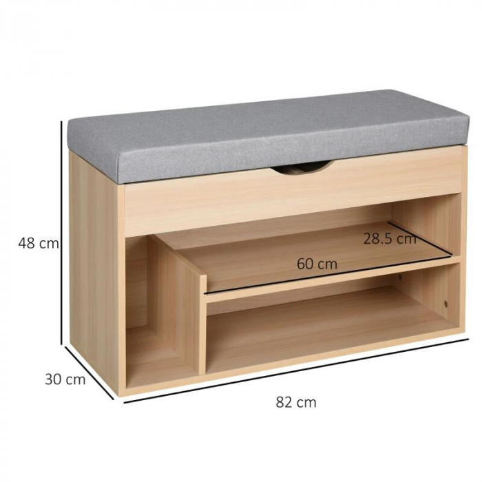 Banca depozitare incaltaminte, pantofar pentru hol, pal, 2 rafturi, 5 compartimente interioare, stejar si gri, 82x30x48 cm [10]