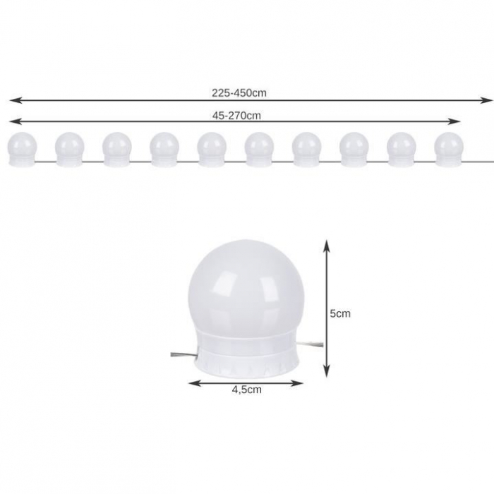 Becuri LED pentru oglinda, masa de toaleta, machiaj, cu panou control, 30 moduri iluminare, USB, set 10 buc, Malatec [10]